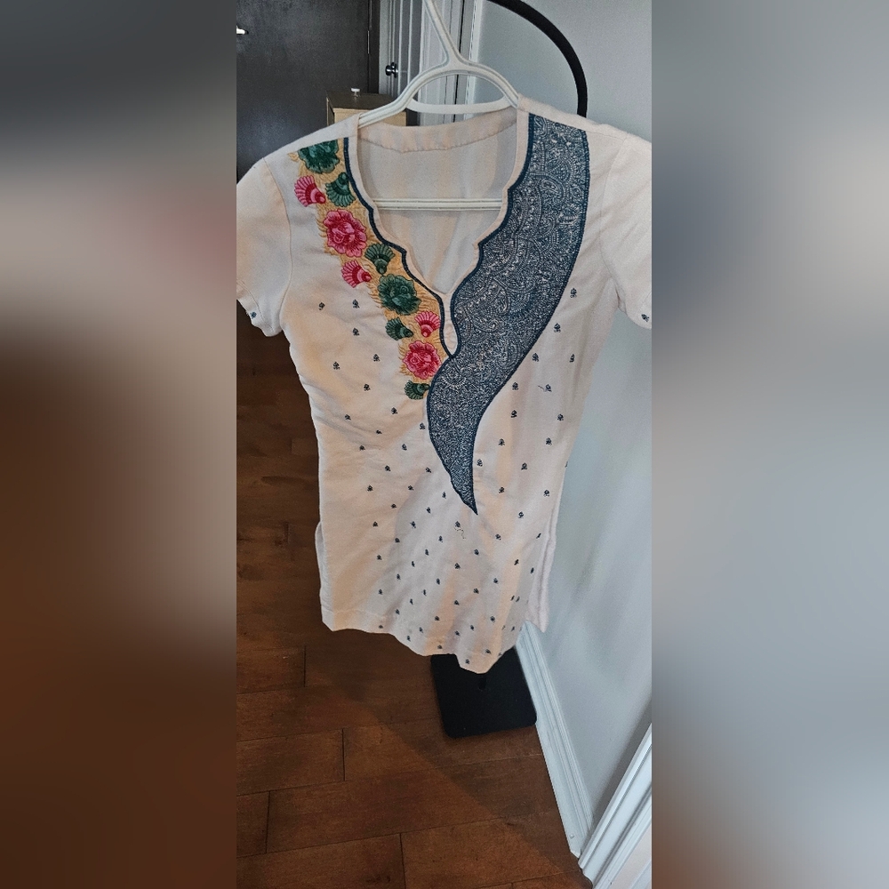 Embroidered White and Blue Women's Long Top/ Kurti
